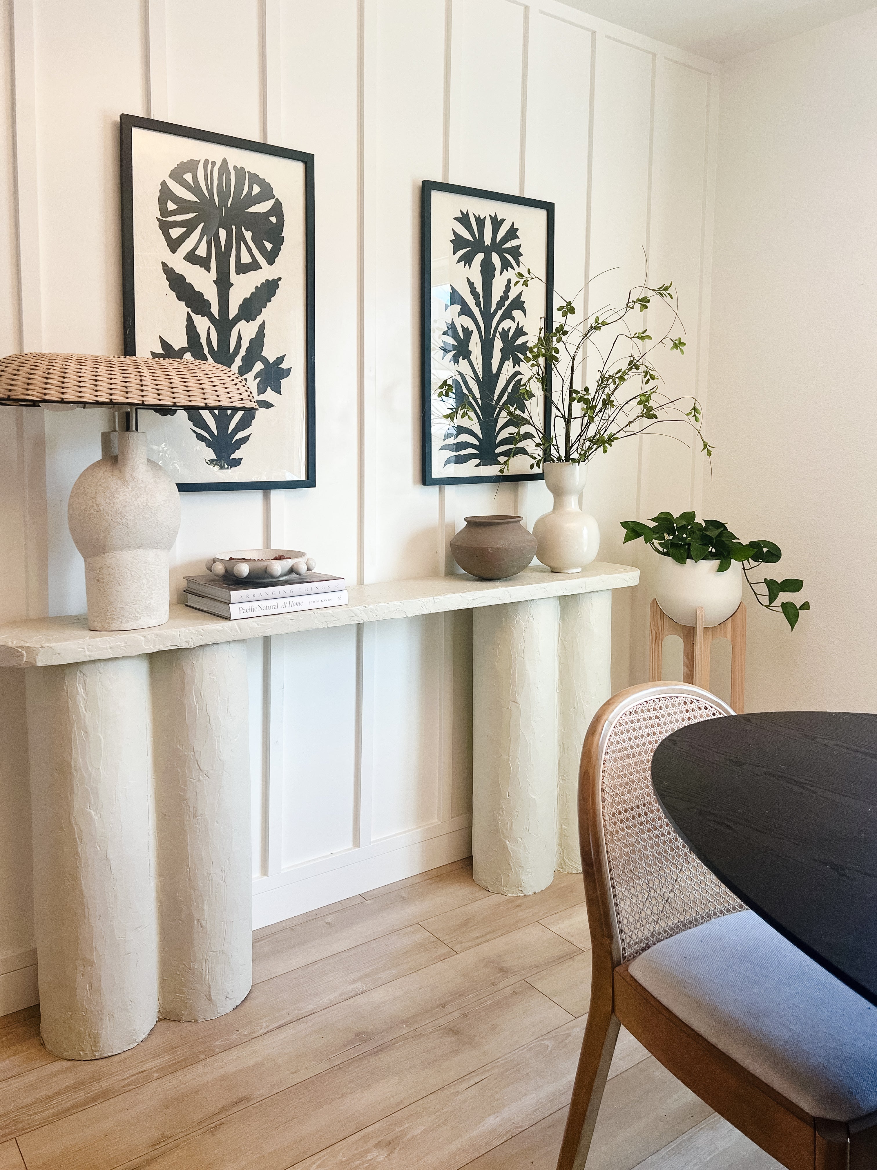 arches-plant-stand-console-table-framed-artwork-dining-room-braidandwood