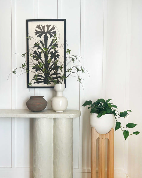arches-plant-stand-next-to-modern-console-table-dining-houseplants-braidandwood