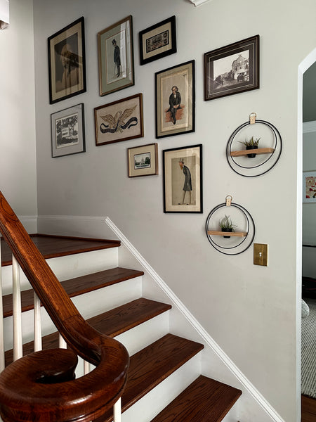 plant-shelf-duo-mixed-metal-gallery-wall-on-stairwell-braidandwood