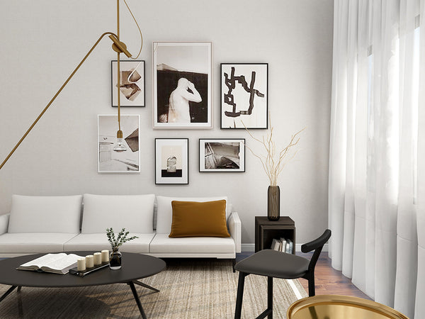 modern living room gallery wall and white sofa