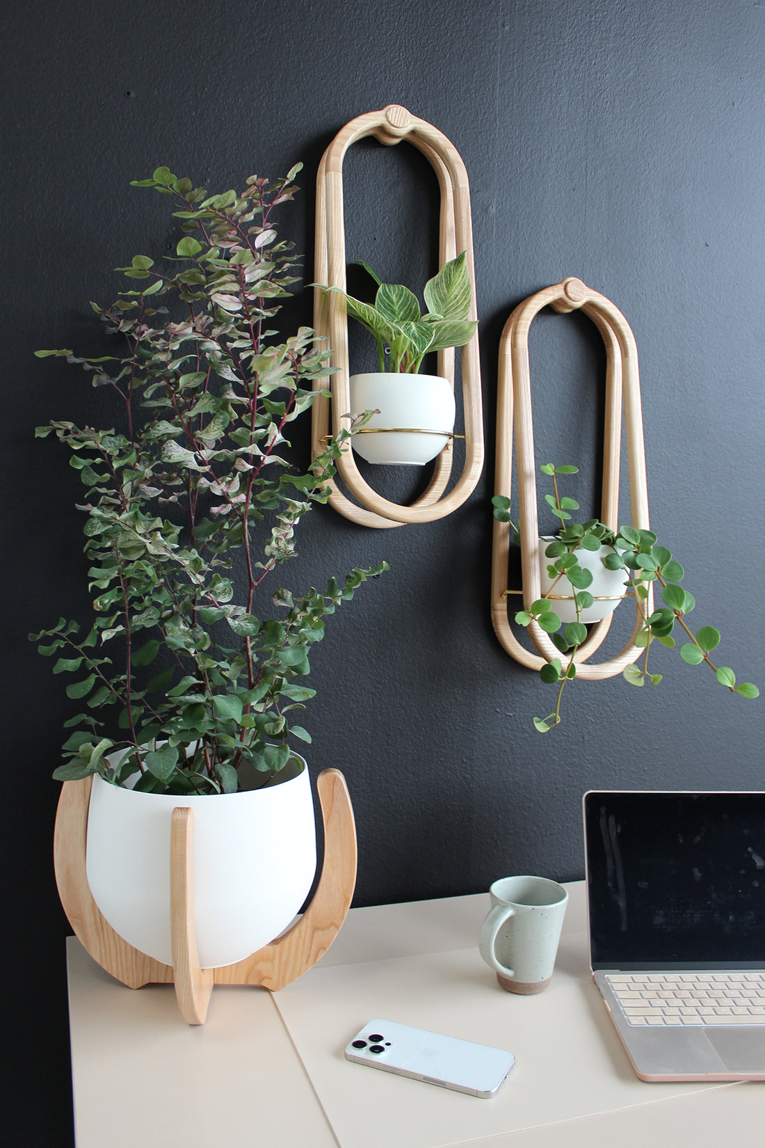 office desk area styled with nested plant stand and frame wall planters by Kandis Cottage