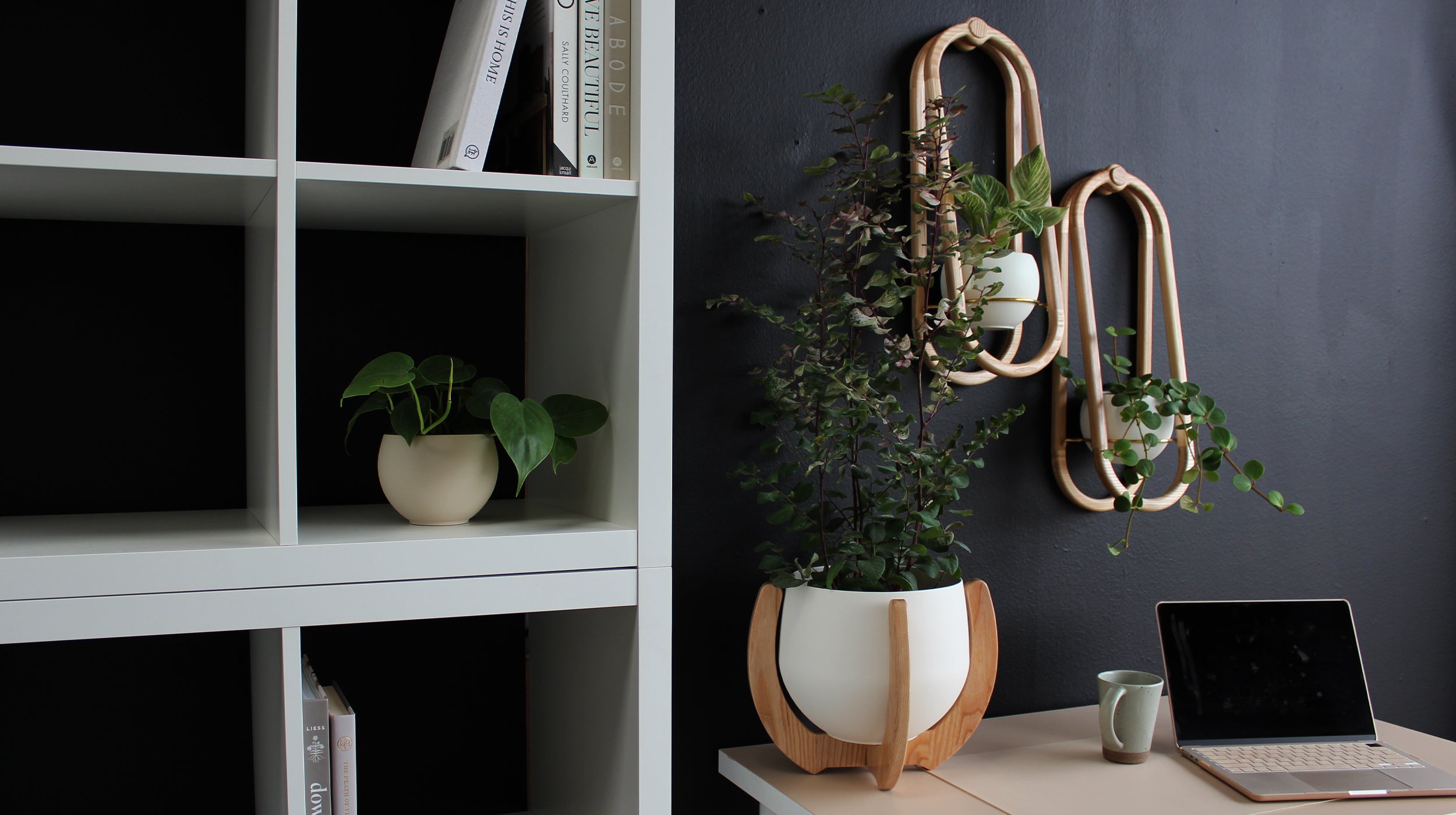 modern solid wood plant stand with nested aluminum pot on a desk with two obround shaped wall planters on the wall above