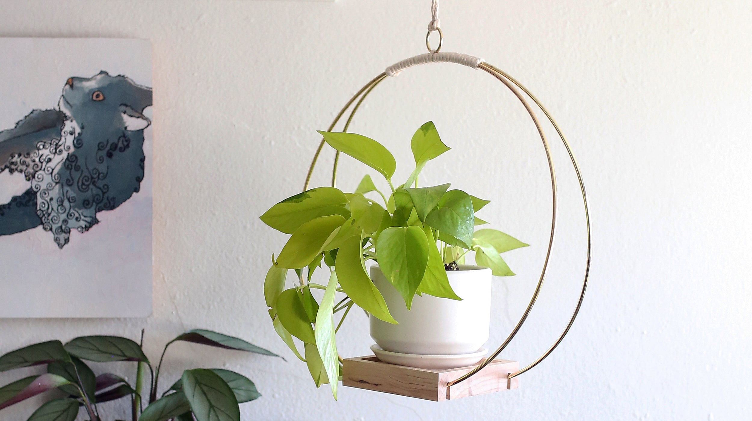 modern gold metal and wood plant hanger with cream pot