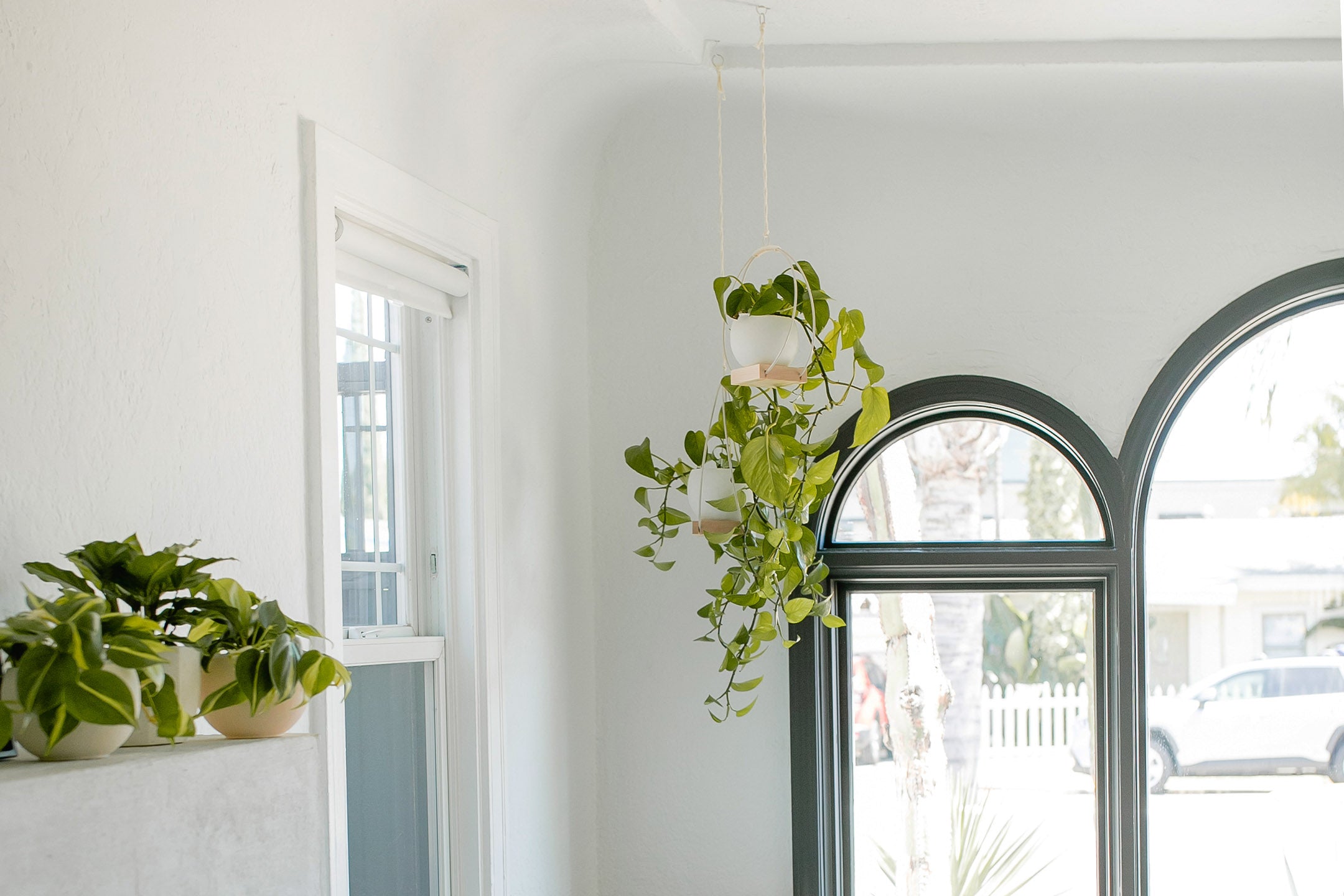 modern gold metal plant hanger with white pot and trailing green plant