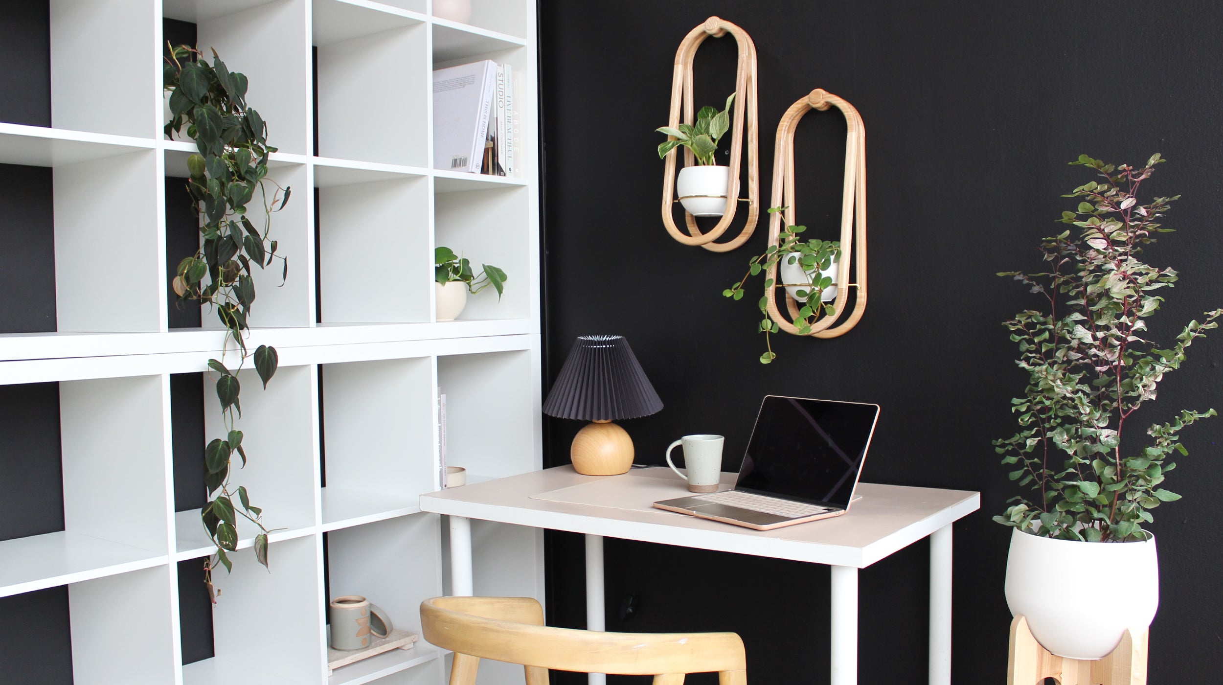 a pair of modern obround shaped solid wood planters with white aluminum pots in an office