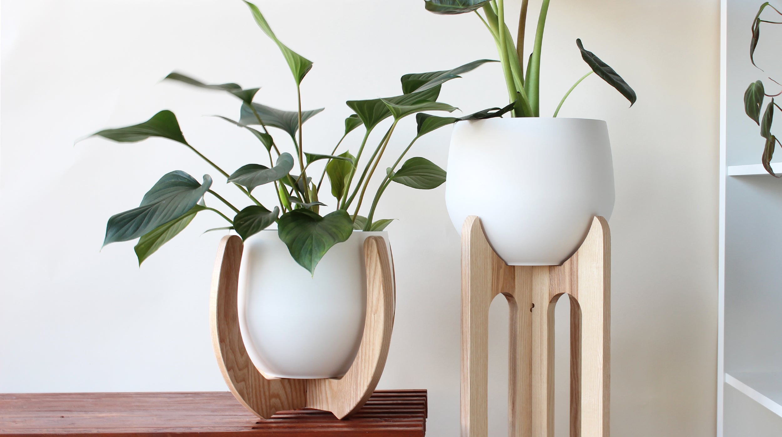 a pair of light wood plant stands with modern aluminum white pots