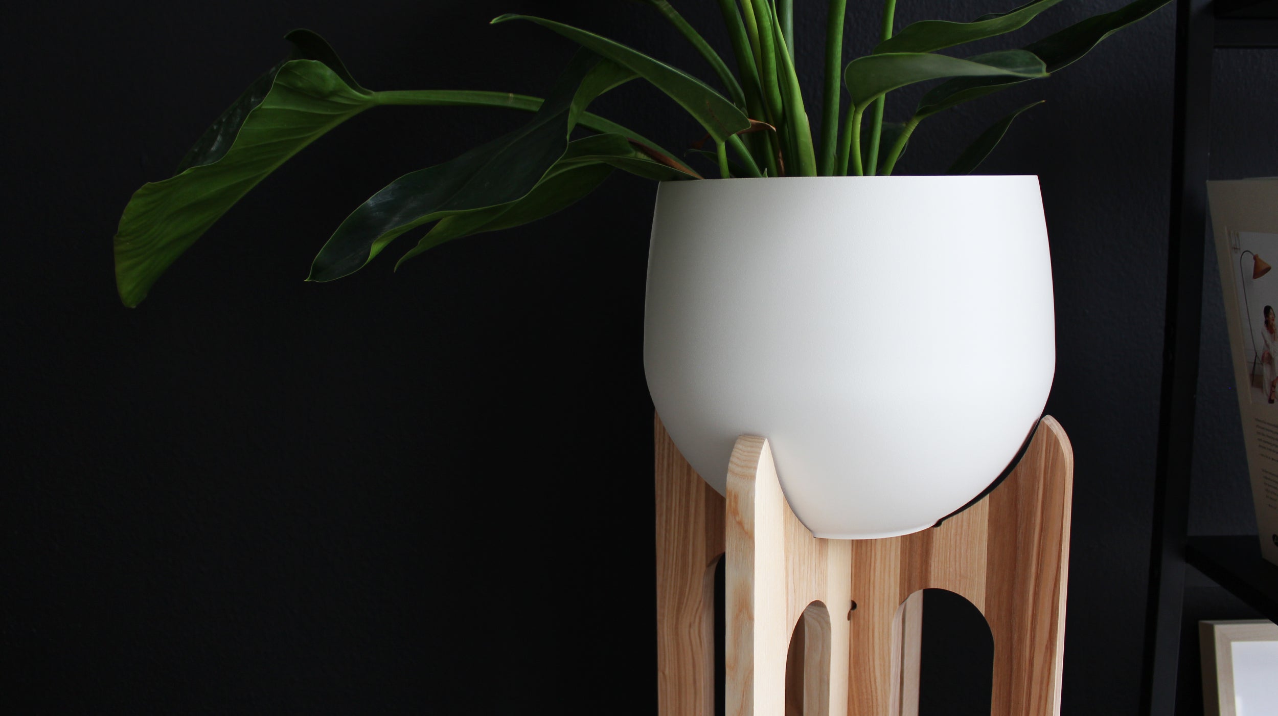 modern tall white ash plant stand with spun aluminum white pot