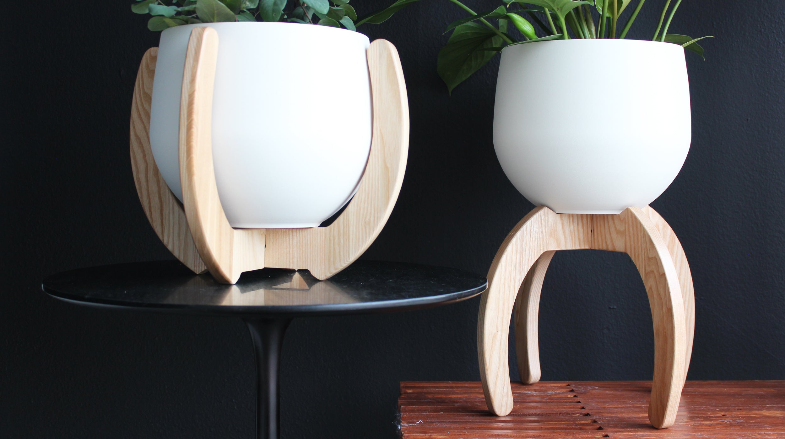 two modern nested white ash wood plant stands